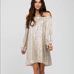 PinkBlush Light Taupe Sequin Off Shoulder Maternity Dress
